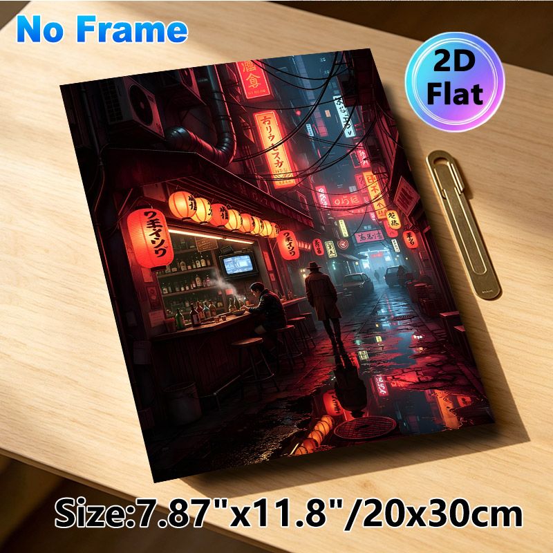 Cyberpunk Japanese Alleyway Painting Poster, Moody Neon-lit Nocturnal Street With Bar & Glowing Lanterns Poster, Atmospheric Urban Decor For Home_maomaolike.com