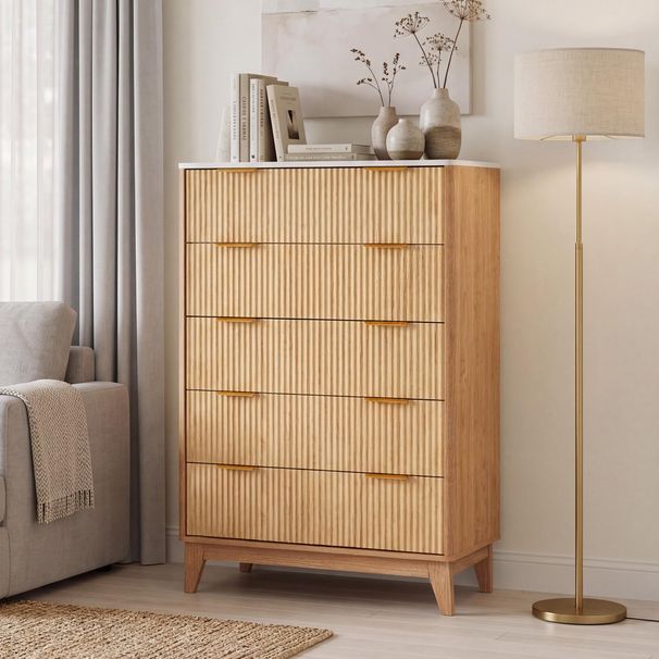 5-Drawer Dresser With Fluted Design And Gold Accents, 48" Tall Narrow Wood Storage Chest For Bedroom Living Room_maomaolike.com