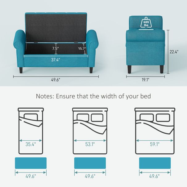 50 Inches Storage Ottoman, End Of Bed Bench With Rolled Arms, Wood Legs, Button Tufted Storage Bench, Teal_maomaolike.com