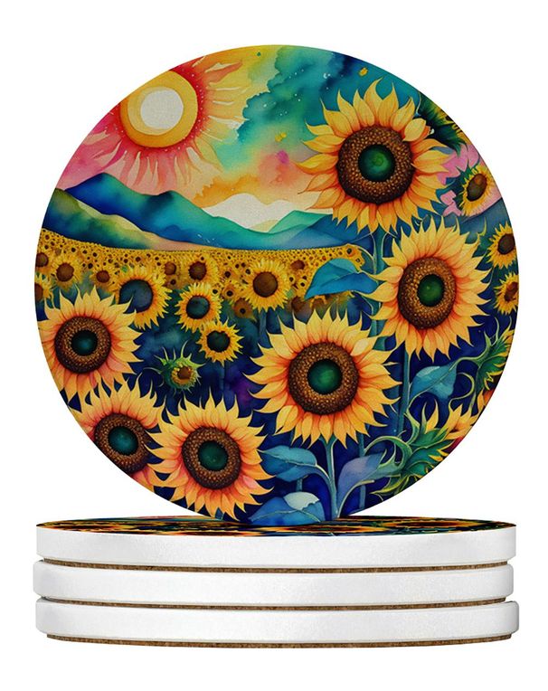 Colorful Sunflowers Large Sandstone Coasters Pack Of 4 Absorbent Round Coasters Decor Gifts For Men Or Women, 4 In, Multicolor_maomaolike.com