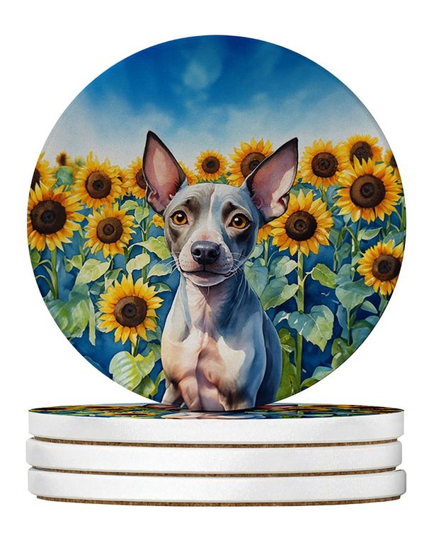 American Hairless Terrier In Sunflowers Large Sandstone Coasters Pack Of 4 Absorbent Round Coasters Decor Gifts For Men Or Women, 4 In, Multicolor_maomaolike.com