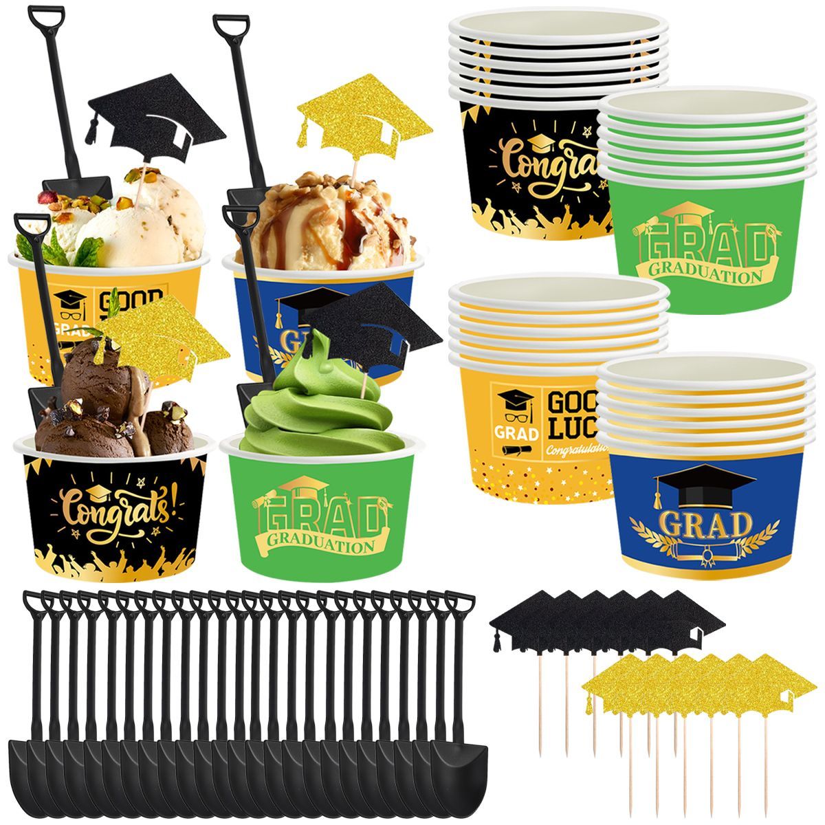 24Sets Graduation Season Ice Cream Decorations Kit 24 Ice Cream Box 24 Plastic Spoons 24 Paper Topper Signs Black And Golden Graduation Cap Sever 24/48 For 2025 Graduation Party Supplies_maomaolike.com