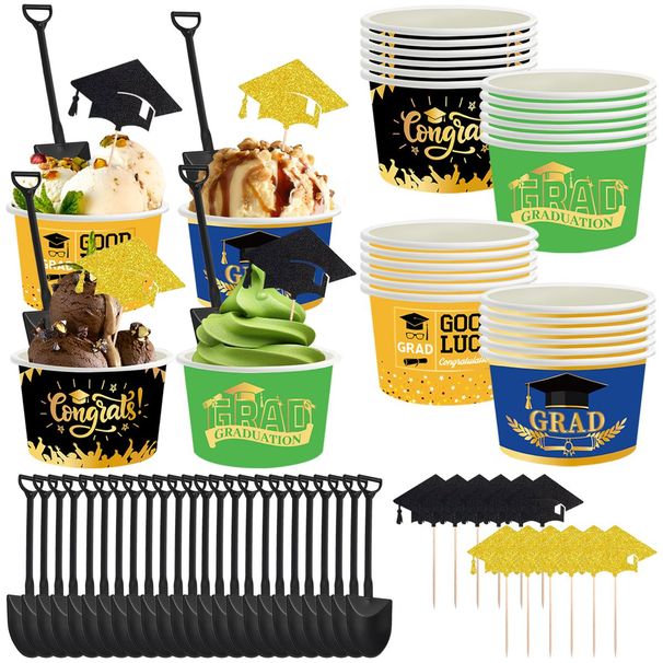 24Sets Graduation Season Ice Cream Decorations Kit 24 Ice Cream Box 24 Plastic Spoons 24 Paper Topper Signs Black And Golden Graduation Cap Sever 24/48 For 2025 Graduation Party Supplies_maomaolike.com