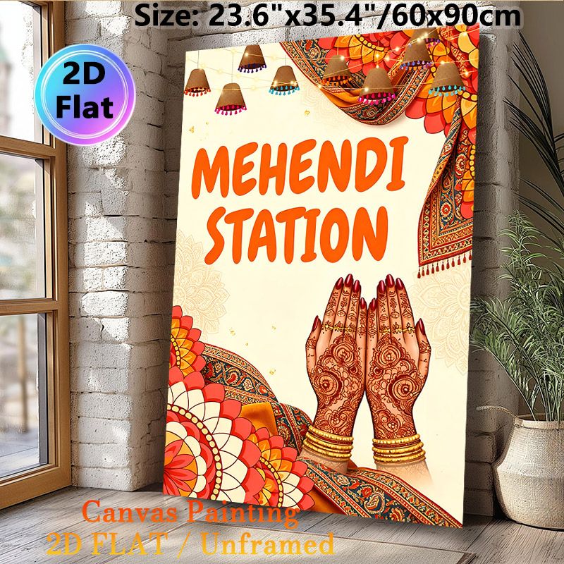 Mehendi Station Painting Poster, Vibrant Ethnic Indian Style Poster, Features Intricate Henna Hands, Festive Lanterns & Traditional Motifs, Brings_maomaolike.com