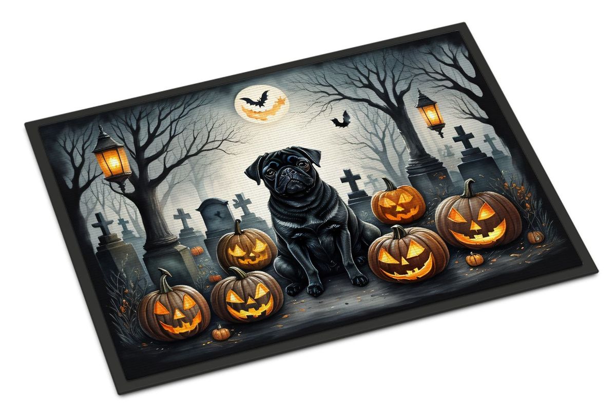 Black Pug Spooky Halloween Doormat Front Door Mat Indoor Outdoor Rugs For Entryway, Non Slip Washable Low Pile, 24H X 36W_maomaolike.com