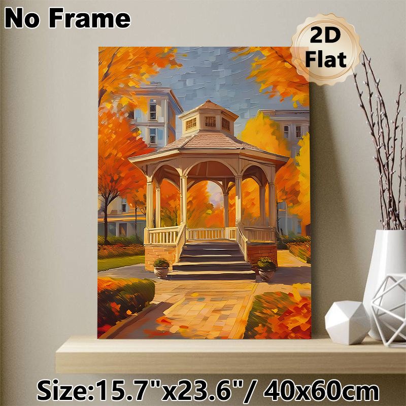 Autumn Gazebo Painting Poster, Vibrant Impressionist-style Poster Featuring Warm-toned Fall Gazebo With Golden Foliage And Houses, Adds Cozy Seasonal_maomaolike.com