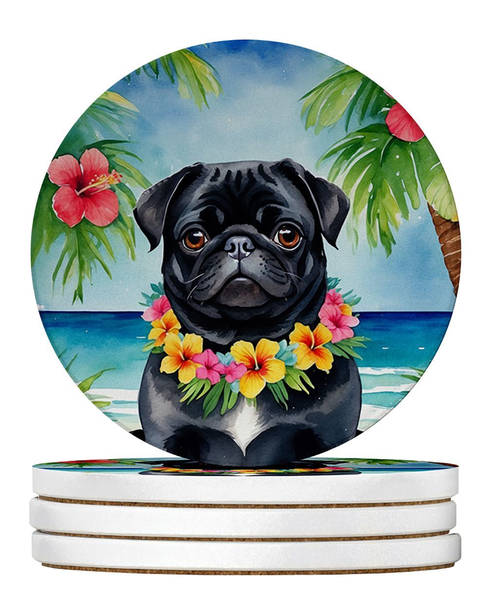 Black Pug Luau Large Sandstone Coasters Pack Of 4 Absorbent Round Coasters Decor Gifts For Men Or Women, 4 In, Multicolor_maomaolike.com