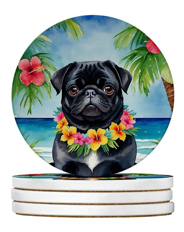 Black Pug Luau Large Sandstone Coasters Pack Of 4 Absorbent Round Coasters Decor Gifts For Men Or Women, 4 In, Multicolor_maomaolike.com