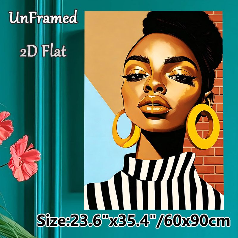 African Woman Portrait Painting Poster, Vibrant Stylized Artistic Poster, Bold Elegant Portrait With Large Gold Hoop Earrings, Chic Striped Top_maomaolike.com
