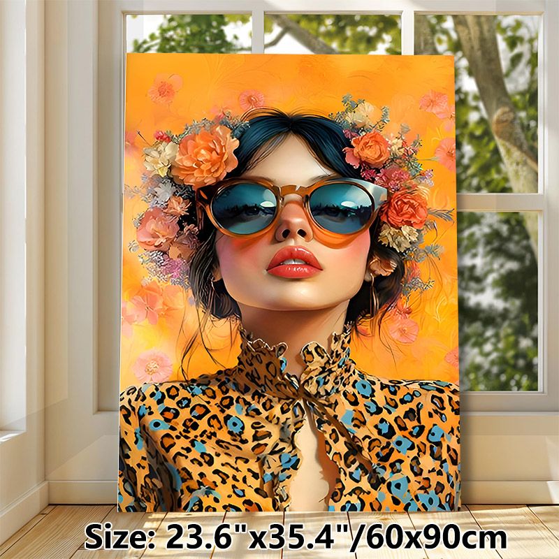Floral Fashion Lady Painting Poster, Vibrant Artistic Portrait Poster, Eye-catching Chic Decor Featuring Lady With Floral Crown & Sunglasses, Ideal_maomaolike.com