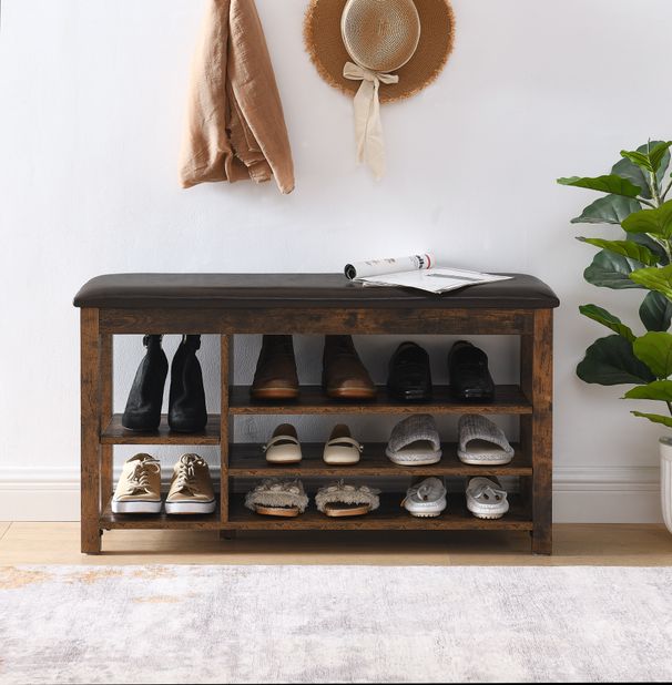 A Height-adjustable Long Shoe-changing Bench,made Of Natural Rubberwood,comes With A Comfortable Seat,concealed Storage Space And Large Storage Compartments, Featuring Charcoal-grained Wood ,Vintage_maomaolike.com