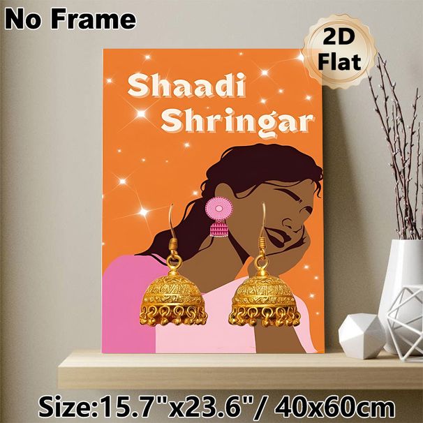 Indian Wedding Jewelry Painting Poster, Vibrant Ethnic Style Poster, Eye-catching Design With Golden Jhumka Earrings & Feminine Silhouette, Ideal For_maomaolike.com
