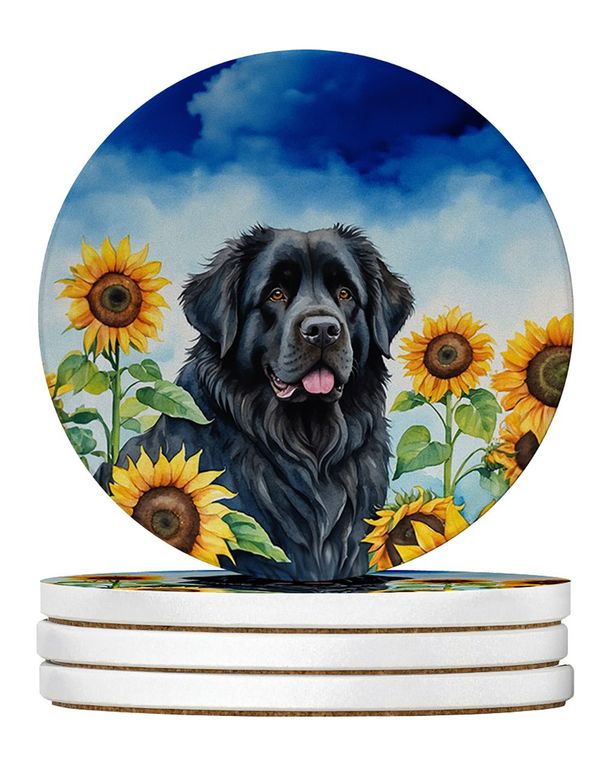 Newfoundland In Sunflowers Large Sandstone Coasters Pack Of 4 Absorbent Round Coasters Decor Gifts For Men Or Women, 4 In, Multicolor_maomaolike.com