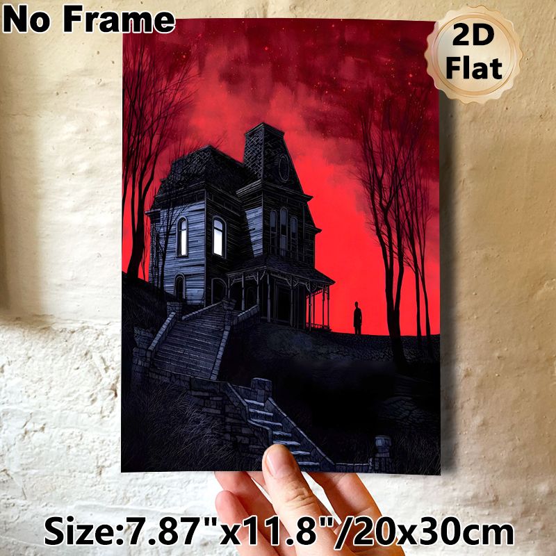 Haunted Mansion Painting Poster, Eerie Dark Gothic Style Poster, Spooky Old Mansion With Crimson Sky And Shadowy Figure, Ideal For Home Wall Decor And_maomaolike.com
