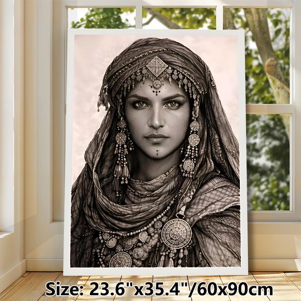 Ethnic Female Portrait Painting Poster, Vintage Sepia-toned Tribal Ornamented Lady Poster, Exquisite Cultural Art Piece For Living Room, Bedroom Wall_maomaolike.com