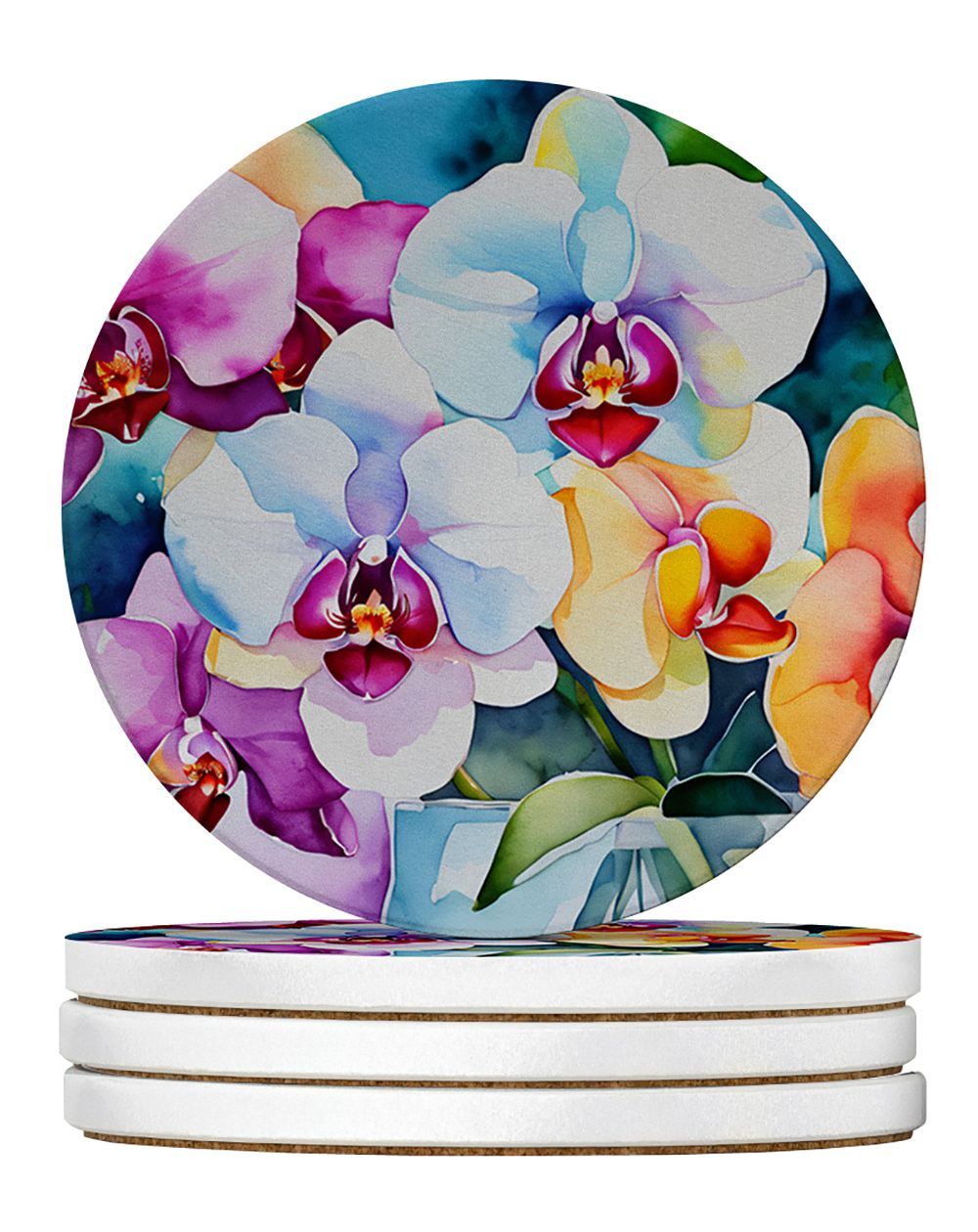Orchids In Watercolor Large Sandstone Coasters Pack Of 4 Absorbent Round Coasters Decor Gifts For Men Or Women, 4 In, Multicolor_maomaolike.com