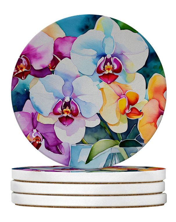 Orchids In Watercolor Large Sandstone Coasters Pack Of 4 Absorbent Round Coasters Decor Gifts For Men Or Women, 4 In, Multicolor_maomaolike.com