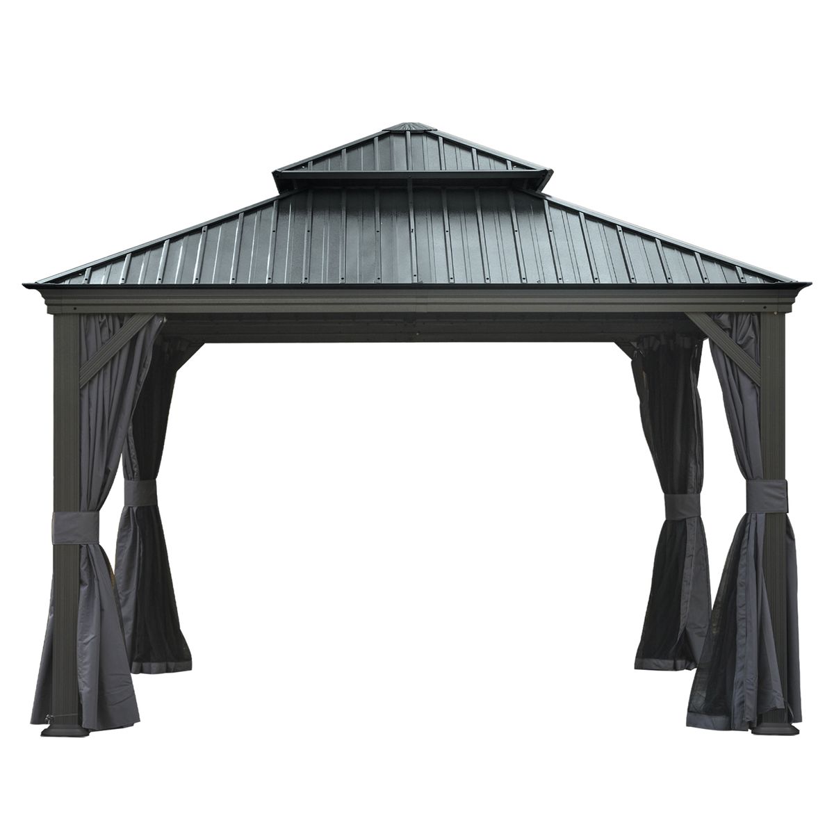 12 X 12 Hardtop Gazebo, Upgraded Metal Gazebo With Drainage System, Dual-Layer Galvanized Steel Roof, Curtain And Netting, Outdoor Shelter Canopy For Patio, Garden, And Backyard, Grey_maomaolike.com