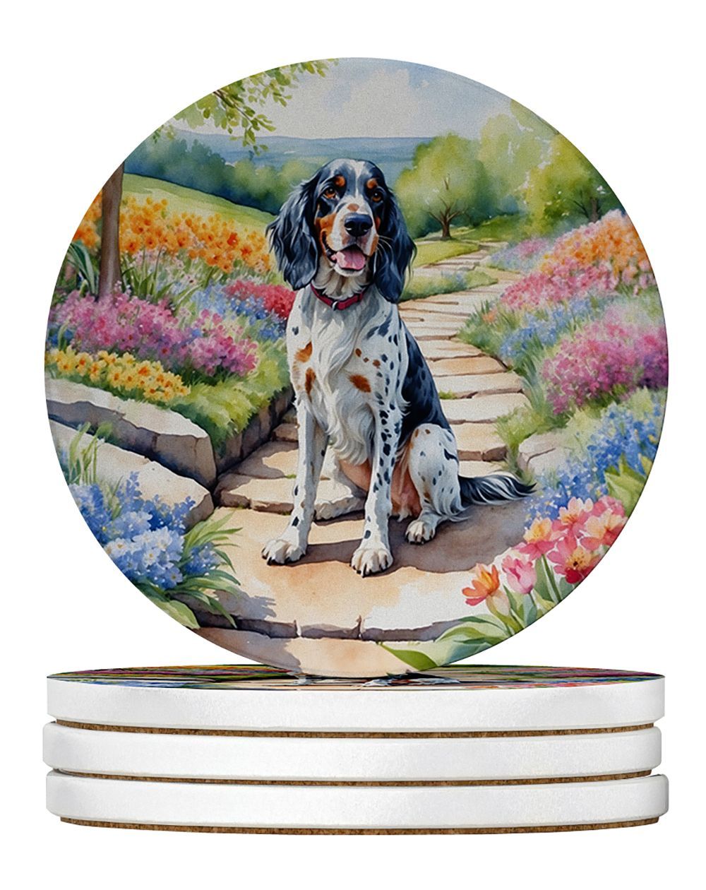 English Setter Spring Path Large Sandstone Coasters Pack Of 4 Absorbent Round Coasters Decor Gifts For Men Or Women, 4 In, Multicolor_maomaolike.com