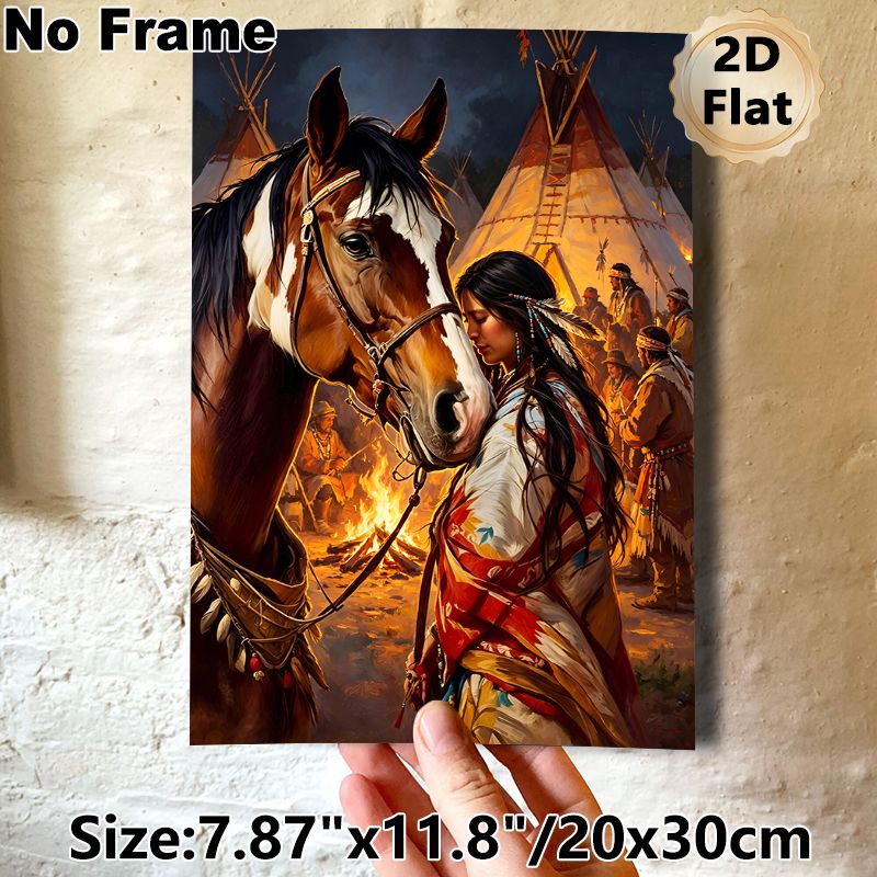 Native American & Horse Themed Painting Poster, Warm-toned Realistic Tribal Scene Poster, Rich Cultural Artwork With Campfire & Tipis, Suitable For_maomaolike.com
