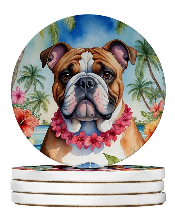 English Bulldog Luau Large Sandstone Coasters Pack Of 4 Absorbent Round Coasters Decor Gifts For Men Or Women, 4 In, Multicolor_maomaolike.com