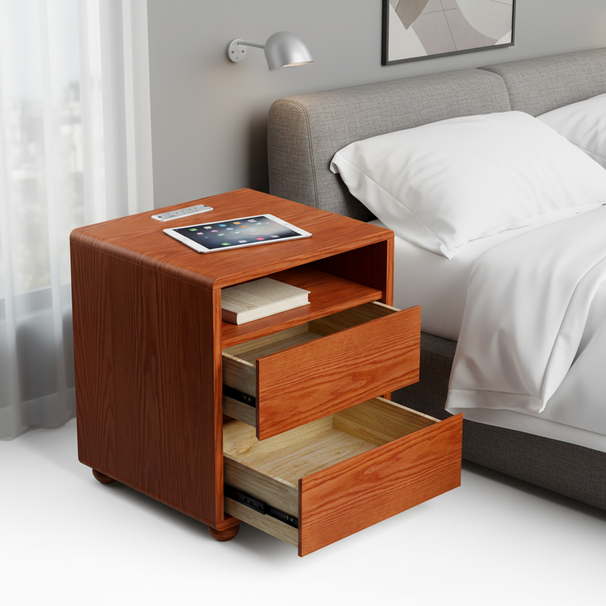 20 Modern Nightstand With 2 Drawers And Shelves Solid Wood Night Stand With Charger Station Mid Century Bedside Table Curved Wood Side Table-Walnut_maomaolike.com