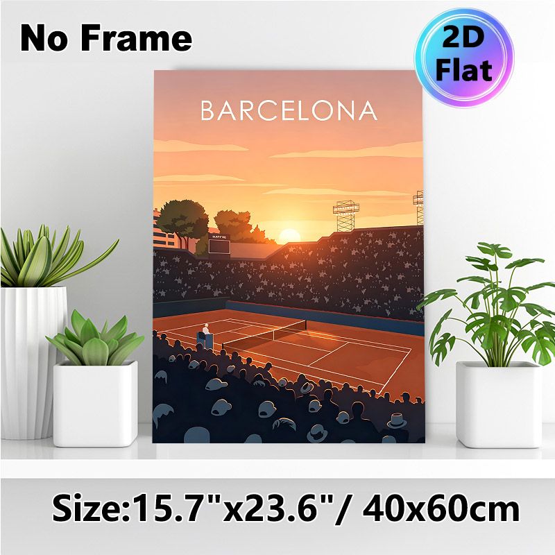 Barcelona Tennis Stadium Painting Poster, Warm-toned Minimalist Sunset Tennis Arena Poster, Atmospheric Sports Venue Decor Ideal For Living Room_maomaolike.com