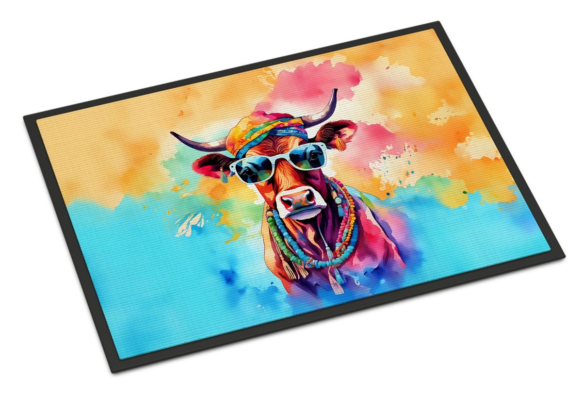Hippie Animal Cow Doormat Front Door Mat Indoor Outdoor Rugs For Entryway, Non Slip Washable Low Pile, 24H X 36W_maomaolike.com