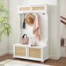 Clothes Hanger Hall Tree Storage Bench Shoe Rack For Entryway, Hall Tree With Bench And Shoe Storage, Hall Tree Entryway Bench With Rattan Door White, 40.16"W*18.58"D*64.17"H_maomaolike.com
