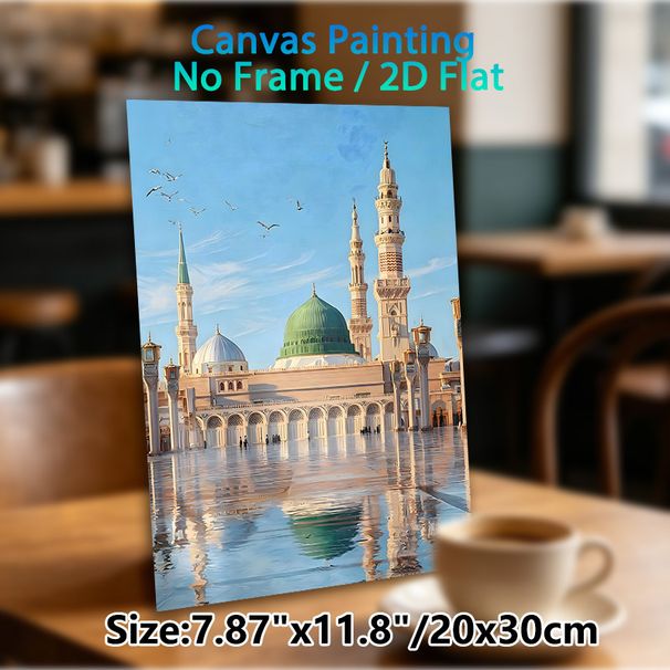 Mosque Themed Painting Poster, Soft-hued Realistic Islamic Architecture Scene Poster, Tranquil Domed Mosque With Reflection And Flying Birds, Ideal_maomaolike.com