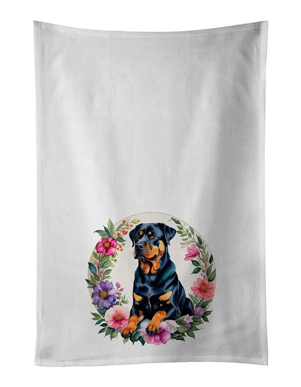 Rottweiler And Flowers Kitchen Towel Set Of 2 White Dish Towels Decorative Bathroom Hand Towel For Hand, Face, Hair, Yoga, Tea, Dishcloth, 19 X 28", White_maomaolike.com
