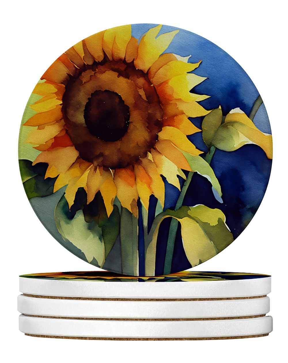 Sunflowers In Watercolor Large Sandstone Coasters Pack Of 4 Absorbent Round Coasters Decor Gifts For Men Or Women, 4 In, Multicolor_maomaolike.com
