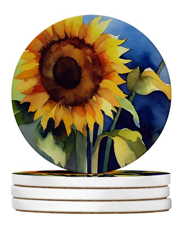Sunflowers In Watercolor Large Sandstone Coasters Pack Of 4 Absorbent Round Coasters Decor Gifts For Men Or Women, 4 In, Multicolor_maomaolike.com