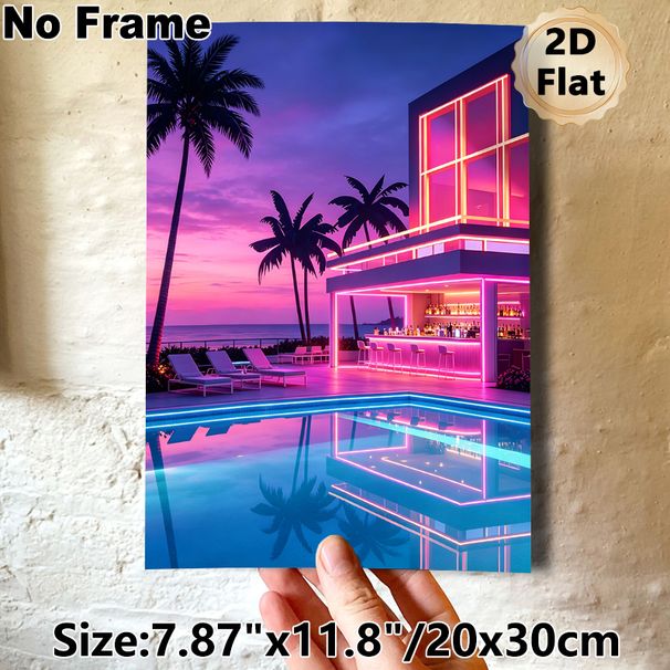Neon Beachside Pool Bar Painting Poster, Vibrant Synthwave-style Coastal Resort Poster, Eye-catching Neon-lit Scene With Sunset Reflections & Palm_maomaolike.com