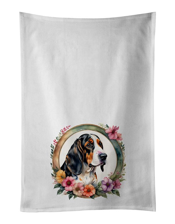 Basset Hound And Flowers Kitchen Towel Set Of 2 White Dish Towels Decorative Bathroom Hand Towel For Hand, Face, Hair, Yoga, Tea, Dishcloth, 19 X 28", White_maomaolike.com