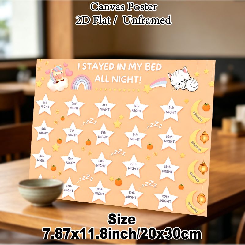 Bedtime Reward Chart Painting Poster, Cute Cartoon-style Poster With Unicorn, Cat & Stars, Encourages Staying In Bed All Night, Ideal For Bedroom_maomaolike.com
