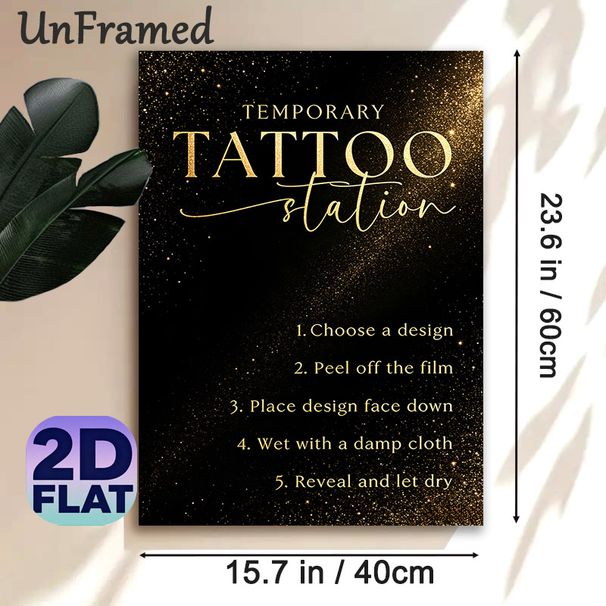 Temporary Tattoo Station Painting Poster, Elegant Glittery Black & Gold Style Poster, Clear Step-by-step Guide For Applying Temporary Tattoos, Ideal_maomaolike.com
