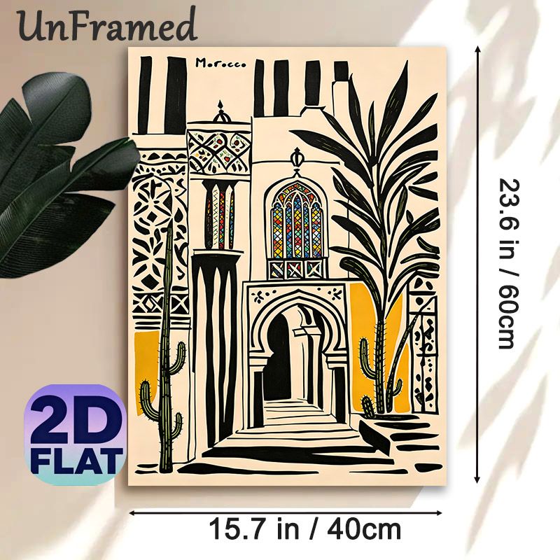 Moroccan Architecture Painting Poster, Vibrant Bohemian-style Moroccan Archway With Stained Glass & Desert Plants Poster, Exotic Cultural Decor Ideal_maomaolike.com