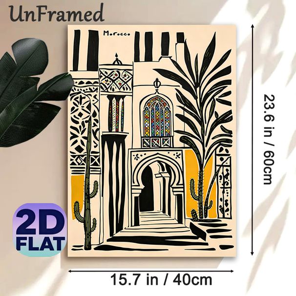 Moroccan Architecture Painting Poster, Vibrant Bohemian-style Moroccan Archway With Stained Glass & Desert Plants Poster, Exotic Cultural Decor Ideal_maomaolike.com
