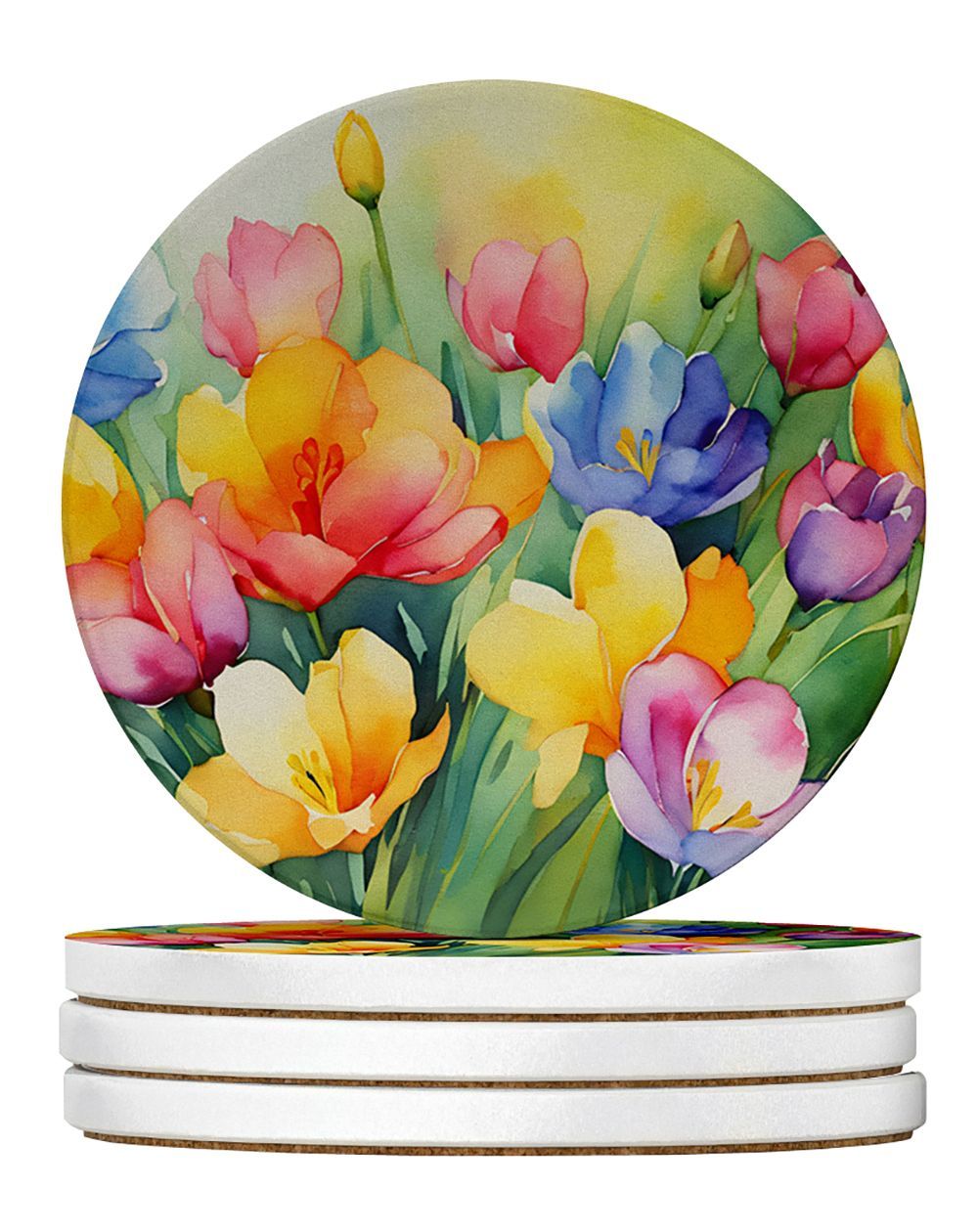 Freesias In Watercolor Large Sandstone Coasters Pack Of 4 Absorbent Round Coasters Decor Gifts For Men Or Women, 4 In, Multicolor_maomaolike.com