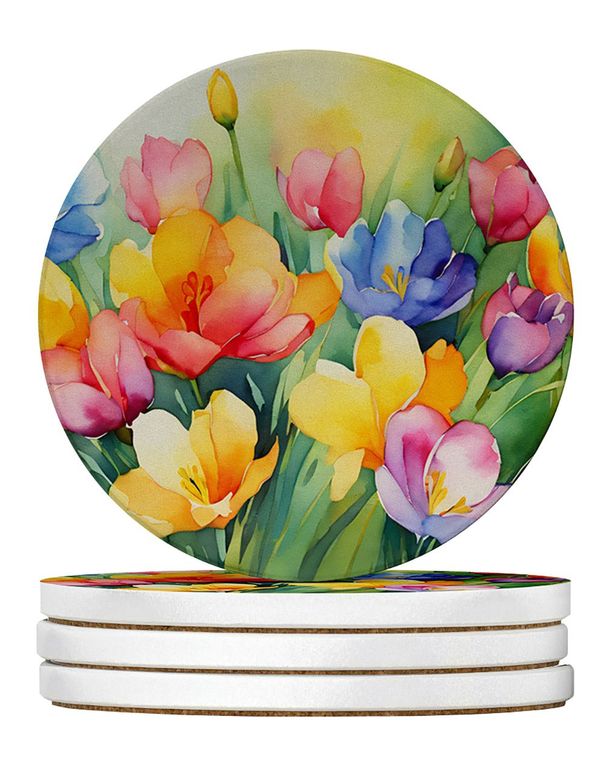 Freesias In Watercolor Large Sandstone Coasters Pack Of 4 Absorbent Round Coasters Decor Gifts For Men Or Women, 4 In, Multicolor_maomaolike.com