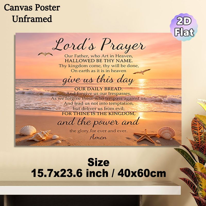 Lord's Prayer Painting Poster, Serene Sunset Beach Scene Poster, Soothing Spiritual Message Decor Ideal For Home, Prayer Room And Living Room_maomaolike.com