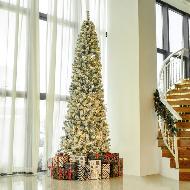 9ft Pre-Lit Snow-Flocked Slim Douglas Fir Artificial Christmas Tree With Realistic Branches, 550 LED Lights And 988 Tips_maomaolike.com