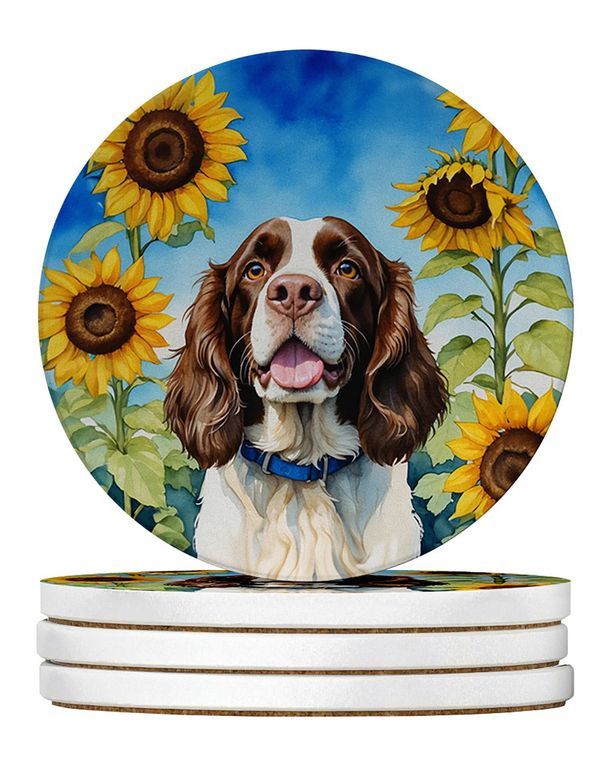 English Springer Spaniel In Sunflowers Large Sandstone Coasters Pack Of 4 Absorbent Round Coasters Decor Gifts For Men Or Women, 4 In, Multicolor_maomaolike.com