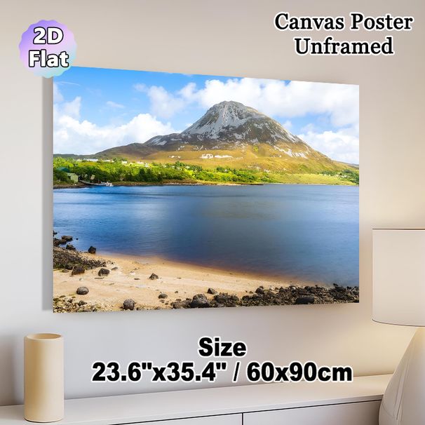 Mountain & Lakeside Painting Poster, Serene Natural Landscape Poster, Tranquil Lake With Snow-capped Mountain And Rocky Shore Design, Ideal For Living_maomaolike.com