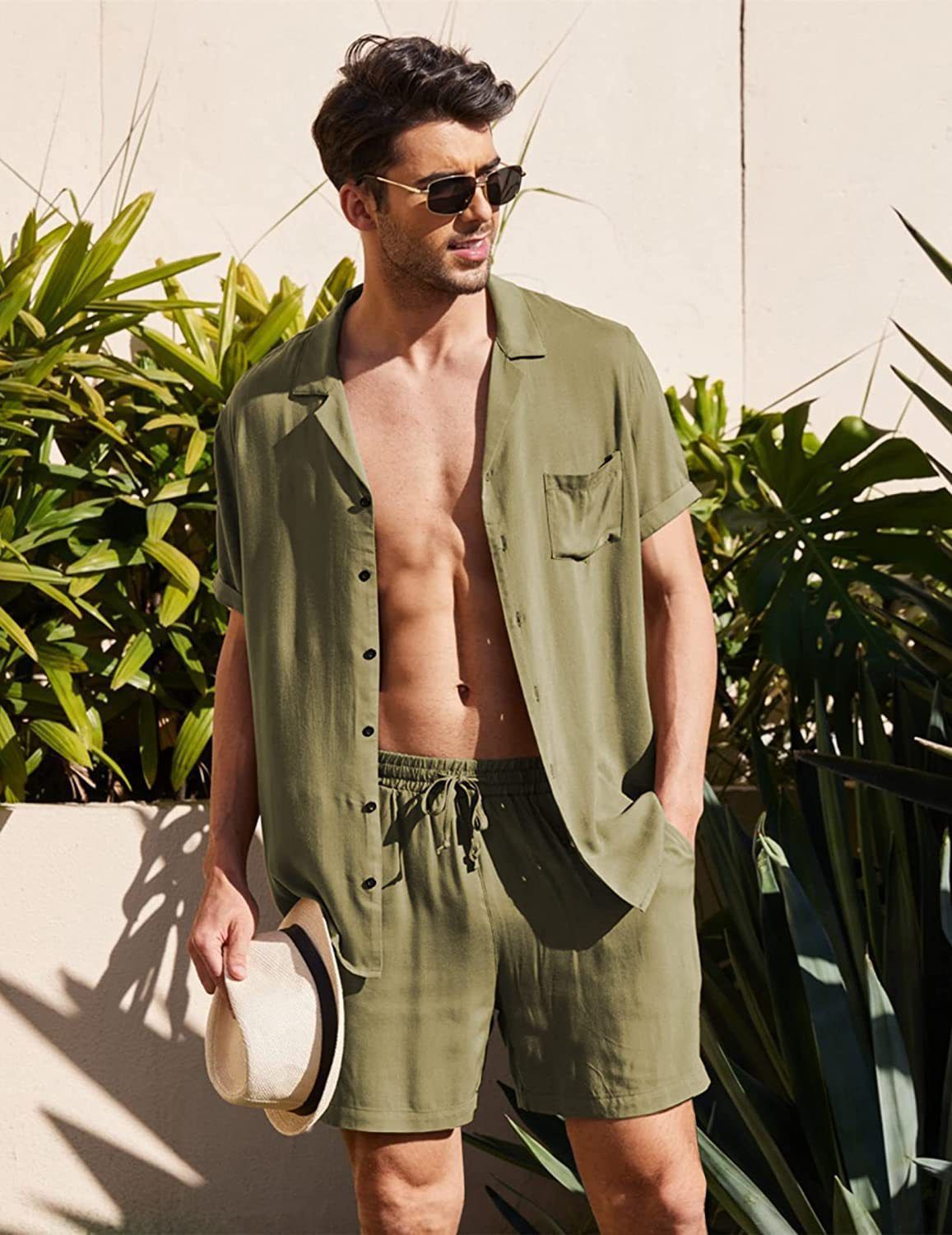 Men's Clothing Linen Short Sleeve Shirt Set Linen Summer Loose Casual Cotton Linen Cardigan Shirt Shorts_maomaolike.com