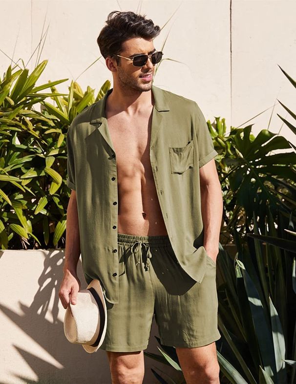 Men's Clothing Linen Short Sleeve Shirt Set Linen Summer Loose Casual Cotton Linen Cardigan Shirt Shorts_maomaolike.com