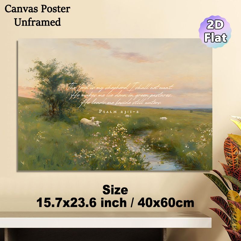 Psalm 23 Scripture Pastoral Painting Poster, Soft-toned Idyllic Landscape With Sheep, Stream And Wildflowers Poster, Serene Religious-themed Decor For_maomaolike.com