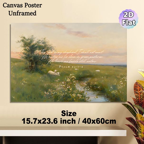 Psalm 23 Scripture Pastoral Painting Poster, Soft-toned Idyllic Landscape With Sheep, Stream And Wildflowers Poster, Serene Religious-themed Decor For_maomaolike.com