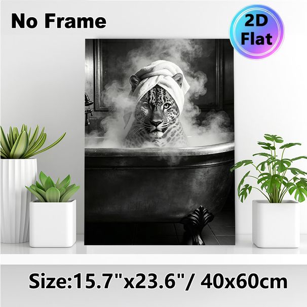 Leopard In Bathtub Painting Poster, Monochrome Retro Style Poster, Whimsical Steam-filled Design Brings Playful Touch For Bathroom Decor_maomaolike.com